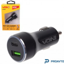 Автомобильное зарядное устройство VOIN 45W, 1USB QC3.0 18W + 1PD 27W, 12/24V